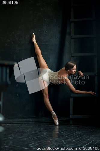 Image of The beautiful ballerina posing against  dark background