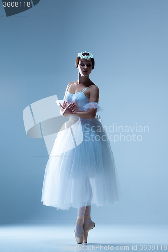 Image of Portrait of the ballerina on blue background