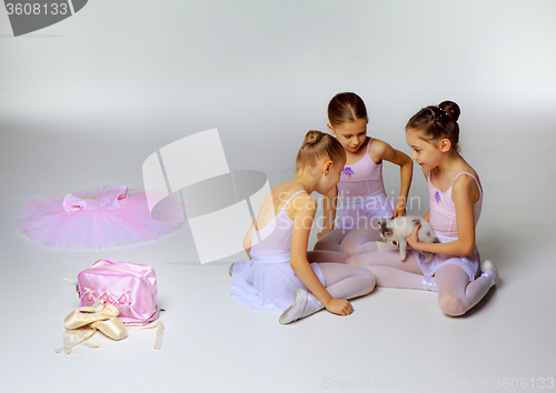 Image of Three little ballet girls sitting in tutus and posing together