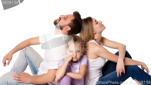 Image of The tired family sitting on white background