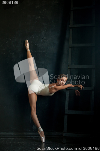 Image of The beautiful ballerina posing against  dark background