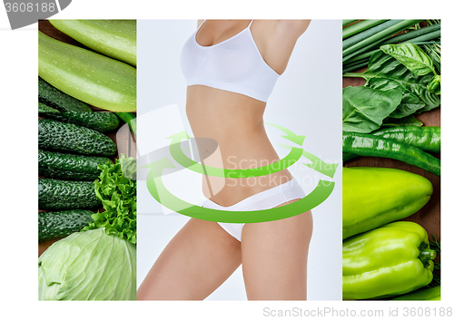 Image of Young healthy woman with vegetables. Collage