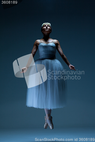 Image of Portrait of the ballerina on blue background