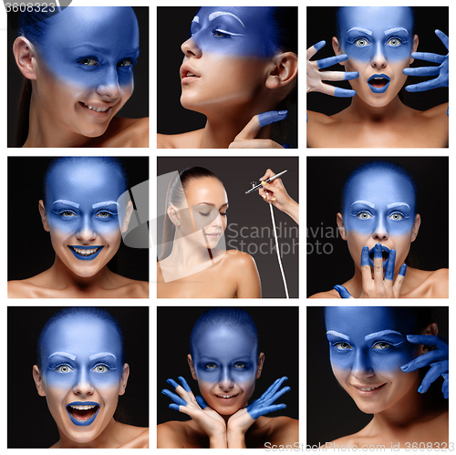 Image of visagist making makeup l with aerograph or airbrush.  collage