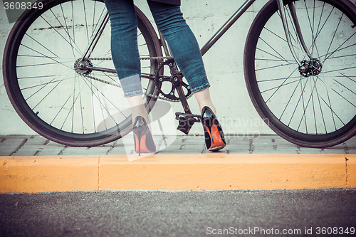 Image of Young women and a bicycle opposite the city 