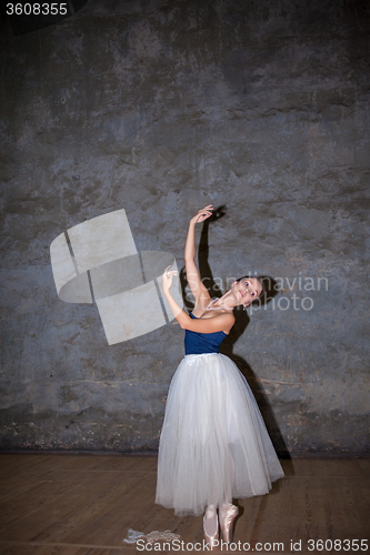 Image of The beautiful ballerina posing in long white skirt 