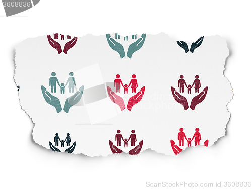 Image of Insurance concept: Family And Palm icons on Torn Paper background