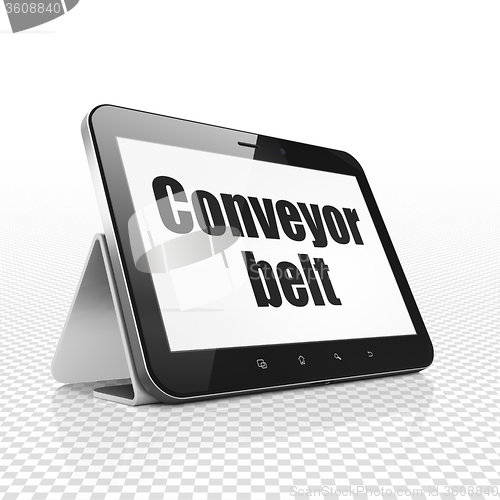 Image of Manufacuring concept: Tablet Computer with Conveyor Belt on display