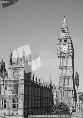 Image of Black and white Houses of Parliament in London