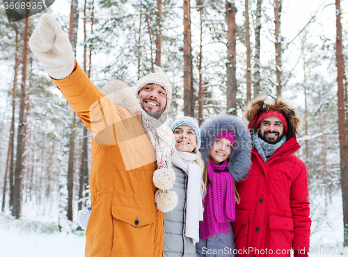 Image of group of smiling men and women in winter forest