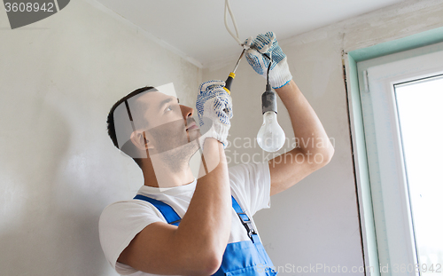 Image of builder with tablet pc and equipment indoors