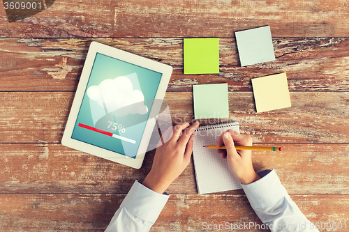 Image of close up of hands with tablet pc and notebook