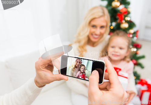 Image of man taking picture of his family by smatrphone