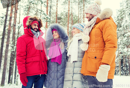 Image of group of smiling men and women in winter forest