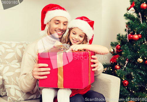 Image of smiling father and daughter opening gift box