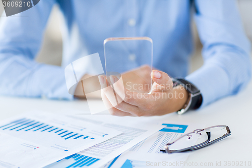 Image of close up of woman with transparent smartphone