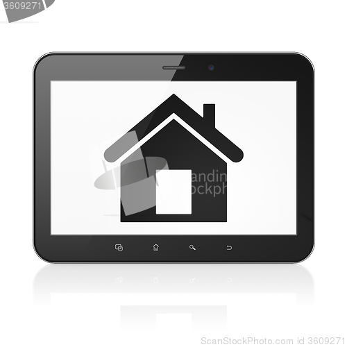 Image of Finance concept: Tablet Computer with Home on display