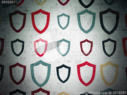 Image of Privacy concept: Contoured Shield icons on Digital Paper background