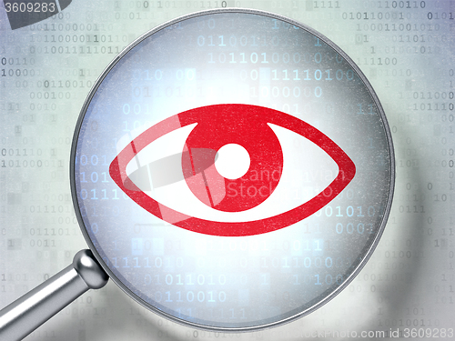 Image of Privacy concept: Eye with optical glass on digital background