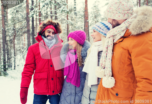 Image of group of smiling men and women in winter forest