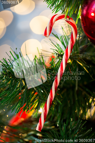 Image of close up of sugar cane candy on christmas tree