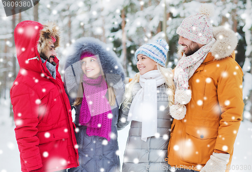 Image of group of smiling men and women in winter forest