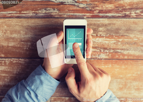 Image of close up of male hands with smartphone on table