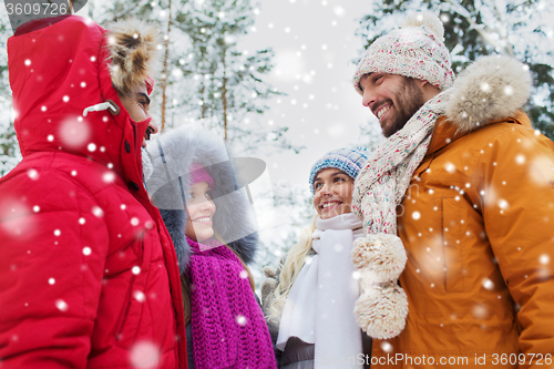 Image of group of smiling men and women in winter forest