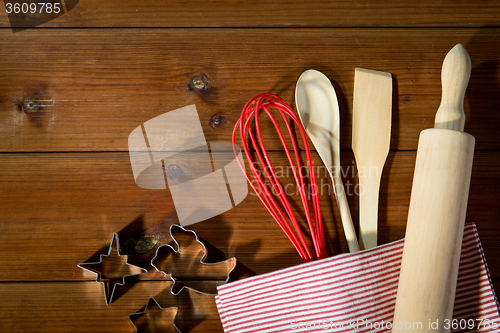 Image of close up of kitchenware set for baking gingerbread