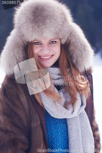 Image of portrait of beautiful young redhair woman in snow scenery