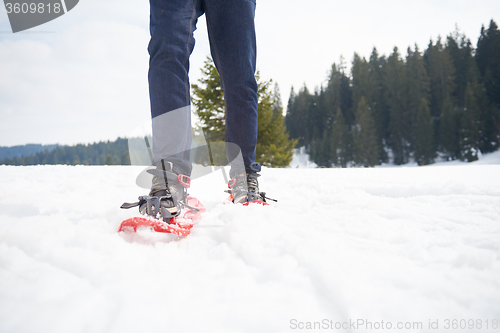 Image of couple having fun and walking in snow shoes