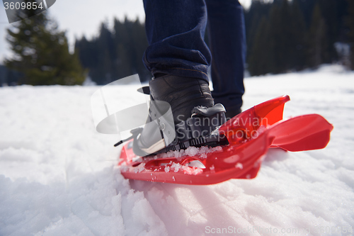 Image of couple having fun and walking in snow shoes