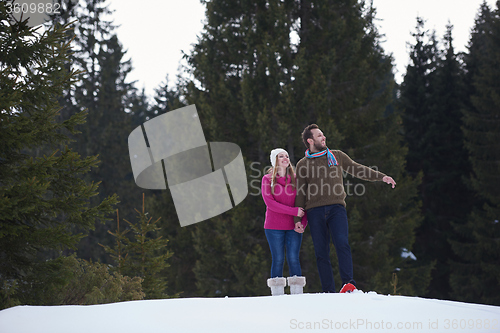 Image of couple having fun and walking in snow shoes