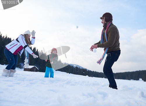 Image of happy family playing together in snow at winter