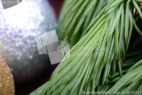 Image of Closeup of beautiful Christmas baubles, Decorated christmas tree, holiday background, green tree eve branch close up with christmas balls 