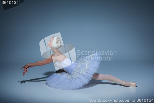 Image of Portrait of the ballerina in ballet tatu on blue background