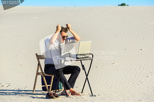 Image of Businessman using  laptop in a desert