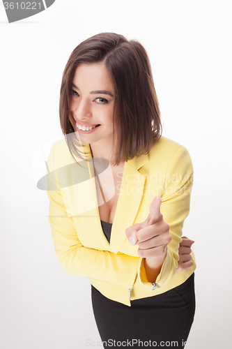 Image of young business woman showing on the white background