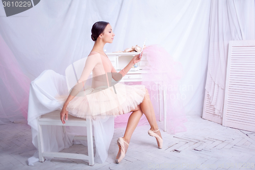 Image of Professional ballet dancer looking in the mirror on pink