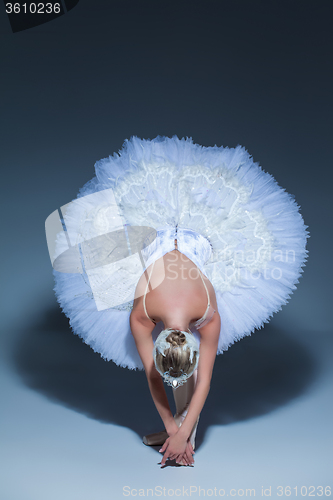 Image of Portrait of the ballerina in ballet tatu on blue background