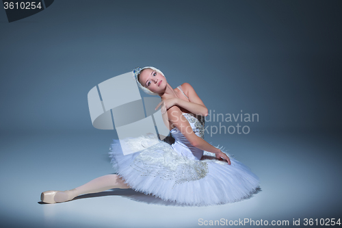 Image of Portrait of the ballerina in ballet tatu on blue background