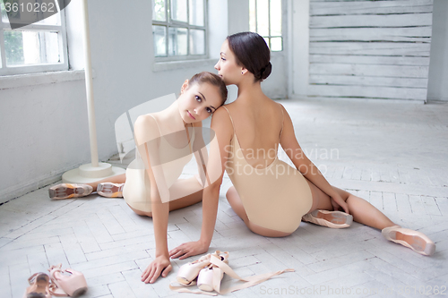 Image of The two classic ballet dancers posing on white wooden floor