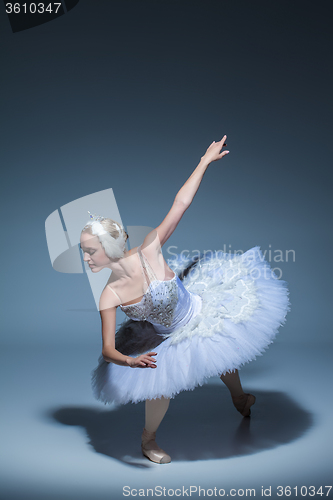 Image of Portrait of the ballerina in ballet tatu on blue background