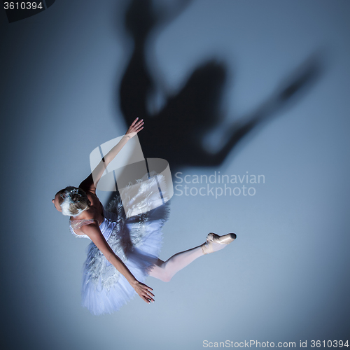 Image of Portrait of the ballerina in ballet tatu on blue background