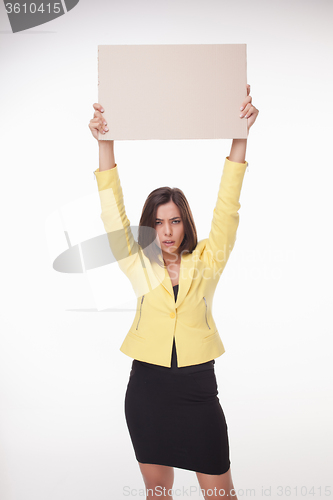 Image of Businesswoman showing board or banner with copy space on white background 