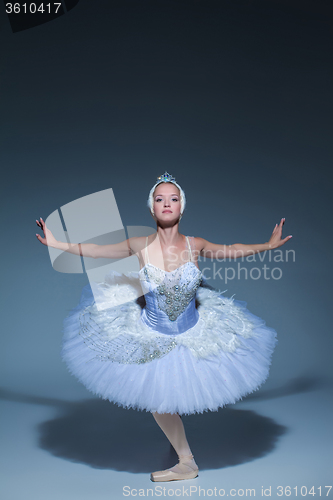 Image of Portrait of the ballerina in ballet tatu on blue background