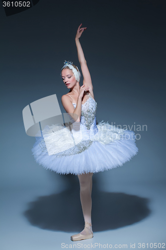 Image of Portrait of the ballerina in ballet tatu on blue background