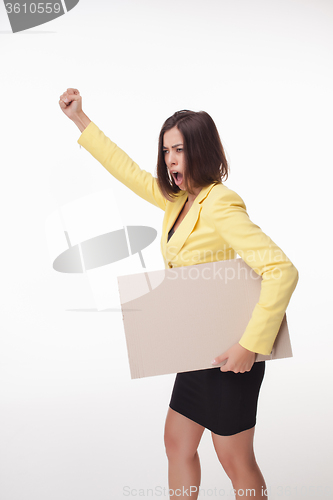Image of Businesswoman showing board or banner with copy space on white background 