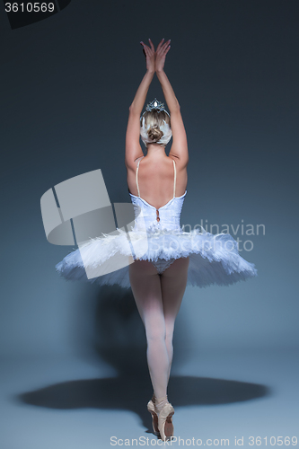 Image of Portrait of the ballerina in ballet tatu on blue background