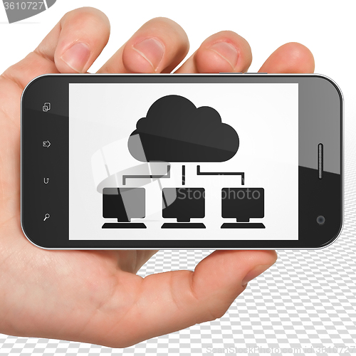 Image of Cloud networking concept: Hand Holding Smartphone with Cloud Network on display